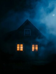Mysterious house at night shrouded in fog with illuminated windows under a crescent moon. Perfect for Halloween, thriller, mystery, or horror themes.
