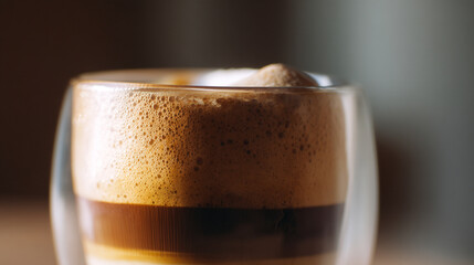 Delicious layered coffee drink in glass cup perfect for coffee lovers and coffee shop menus and recipes