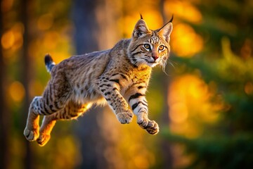 Fototapeta premium Agile Bobcat Leap: Wildlife Action Shot in Nature