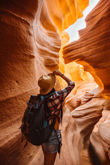 Backpacker Standing Inside a Narrow Antelope Canyon with Sunlit Orange Sandstone Walls and a Serene Sky View in Arizona, USA © Victoria Nefedova
