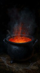 Glowing cauldron of bubbling orange liquid, steam rising, dark background, Halloween, spooky, witch's brew, magic.
