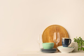 Clean dishware and houseplant on table against white background. Closeup