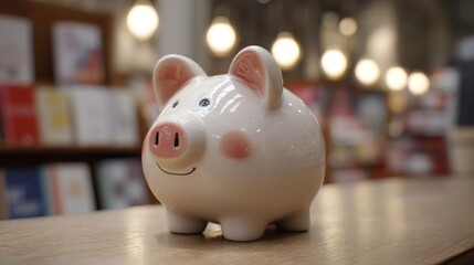 Obraz premium Piggy bank in bookstore interior