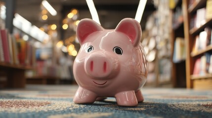Obraz premium Piggy bank in bookstore interior