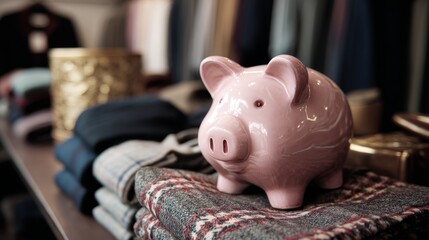 Obraz premium Piggy bank in clothing store interior