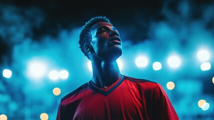 Young Athlete Gazing Upward in Blue and Red Stadium Lights