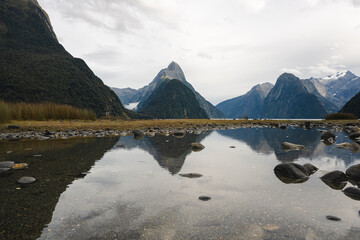 Milford Sound in New Zealand with lake and mountains