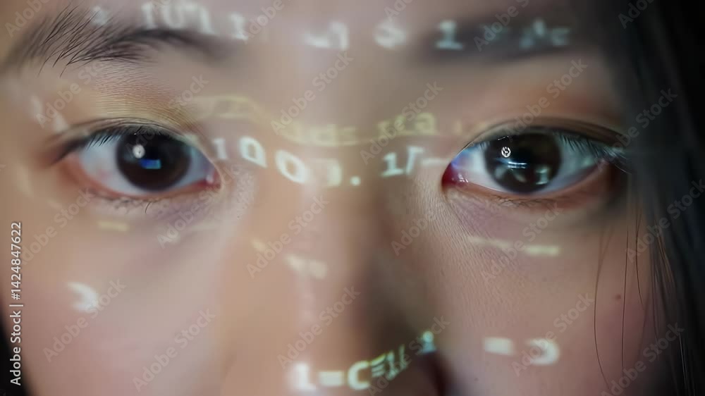 Poster close up of person eyes with computer code projection on their face, symbolizing technology, program