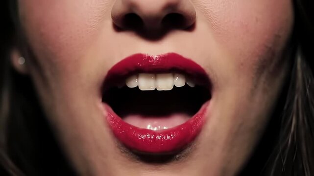 Close up of woman&rsquo;s mouth with red lipstick, showing teeth and lips, expressing beauty, confidence, and vibrant joy.