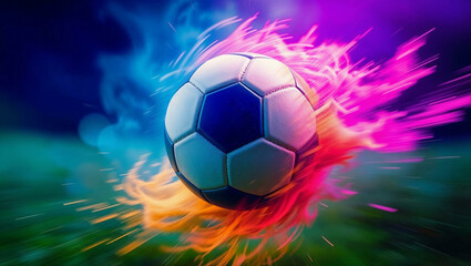 Fototapeta premium Explosive soccer ball surrounded by vibrant, colorful smoke, capturing the intensity of the sport