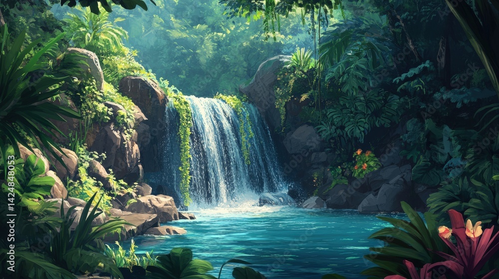 Poster a tranquil waterfall flows into a calm pristine turquoise lagoon