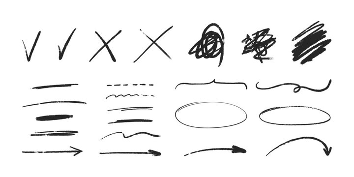 Hand drawn marker elements. Freehand vector signs. Ticks, crosses, arrows and circles for highlighting and notes.