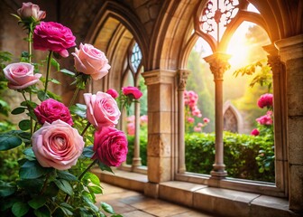 Architectural Rose Garden Photography: Stunning Pink Roses Blooming in a Sunlit Courtyard