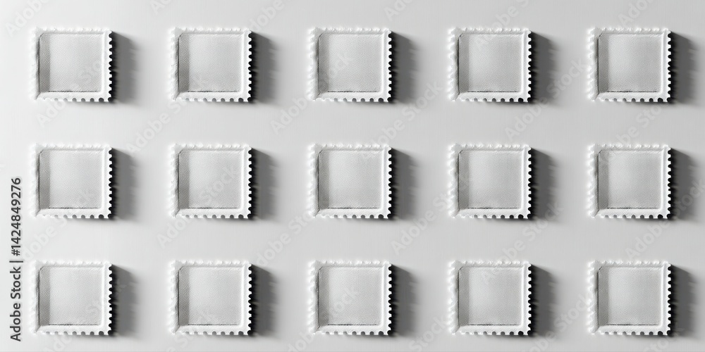 Poster fifteen white square frames with jagged edges are arranged in a grid pattern on a light gray backgro