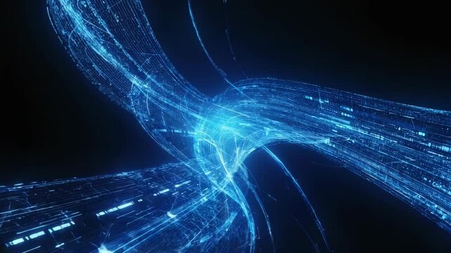 Abstract glowing blue eon light streams particles waves on dark background