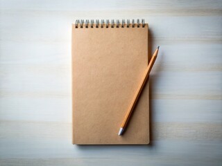 Blank Spiral Notebook, Craft Paper Cover, Pencil, Top View, White Desk, Long Exposure Photography