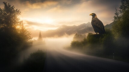 Fototapeta premium Golden Eagle Perched Above a Foggy Mountain Road at Sunset Majesty