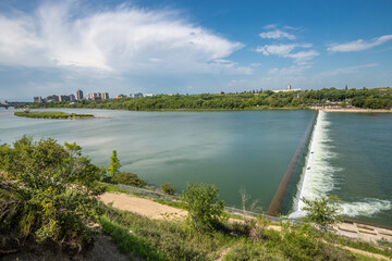 Beautiful lake with a city in the background