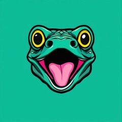 Cartoon illustration of a teal frog with bright yellow eyes and pink tongue on a green background