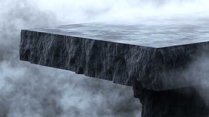 Floating stone platform in misty fog