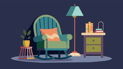 A cozy reading nook featuring a thrifted rocking chair a repurposed thrifted side table and a thrifted lamp with a handmade lampshade from old. Vector illustration