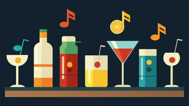 A bar lined with colorful tails named after famous musicians bringing a touch of creativity and nostalgia to the drinks menu at the Retro Music Night. Vector illustration