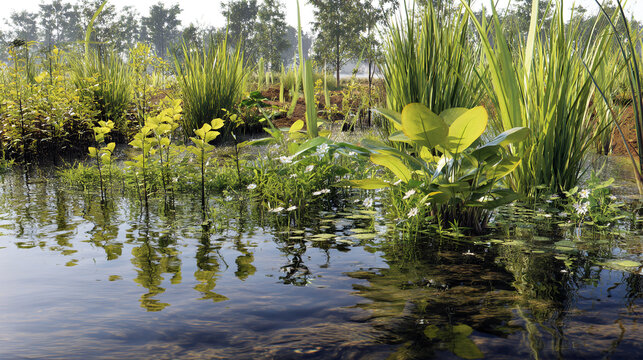 Beautiful pond ecosystem with aquatic plants and reflections for nature photography and wallpaper use