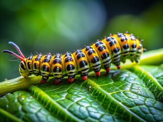 Naklejka premium Candid Close-Up of a Vibrant Green Caterpillar on a Leaf