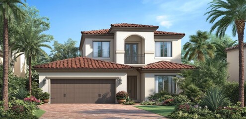 Two-story Mediterranean house with garage, driveway, and landscaping.