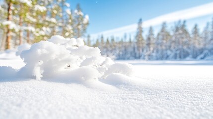 Snowy winter scene in a forest.  A close-up of snow-covered vegetation nestled within a pristine blanket of snow, with a backdrop of tall evergreen trees