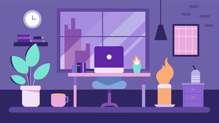 A home office transformed into a peaceful work environment with the help of a lavender and bergamot candle creating a focused and serene atmosphere..