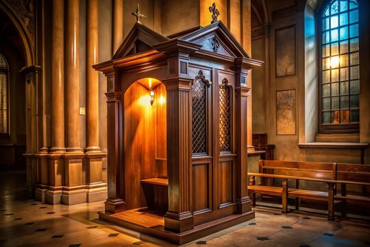 Catholic Confession Booth - Penitent's Perspective, Empty Space for Text