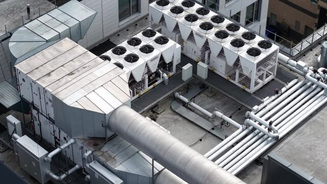 Overhead view of a commercial building rooftop with extensive HVAC ductwork, ventilation systems, and cooling units in an organized layout.