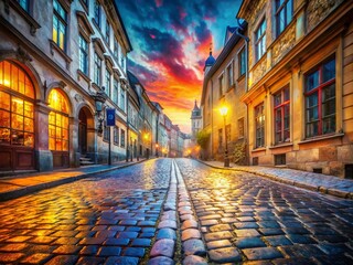 Obraz premium Charming Cobblestone Street in Historic Old Town - Double Exposure Photography