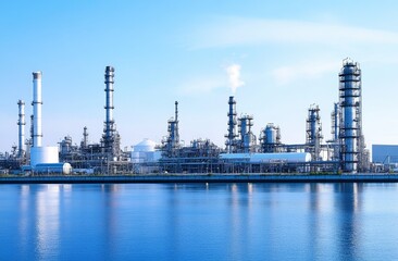 Obraz premium Industrial refinery complex by waterfront.