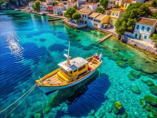 Obraz premium Charming Yellow & Blue Greek Fishing Boat Anchored in Crystal Clear Waters