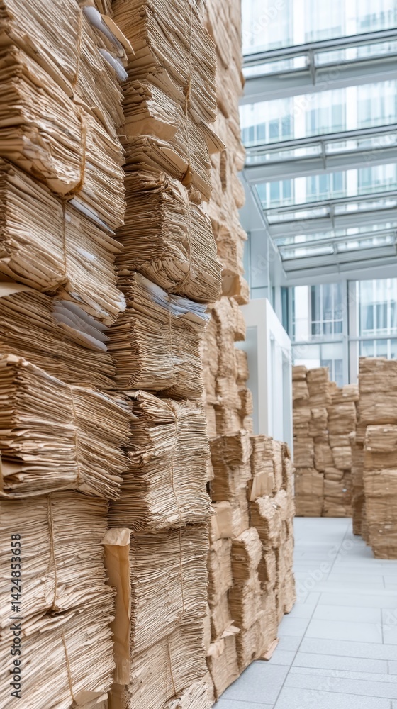 Poster economic resilience concept. a modern space filled with stacks of neatly arranged paper bundles, sho