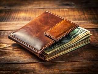 Classic Brown Leather Wallet with Cash - Finance & Everyday Essentials Stock Photo