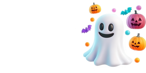 Cute 3D Illustration Of A White Ghost With Halloween Pumpkins Background