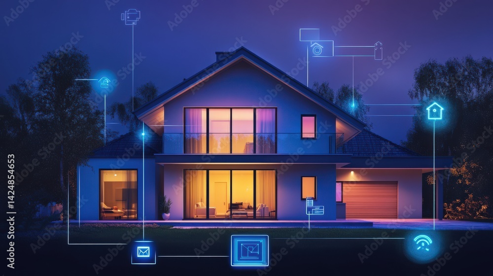 Poster modern house displaying smart home technology and automated connected devices