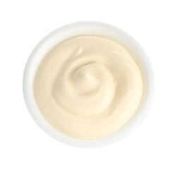 Tasty mayonnaise sauce in dish isolated on white, top view