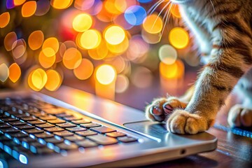 Close-up of a tiny cat paw on a keyboard, signifying online access; macro photography.
