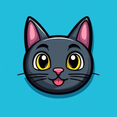 Obraz premium Cartoon illustration of a gray cat with yellow eyes and pink ears on a blue background