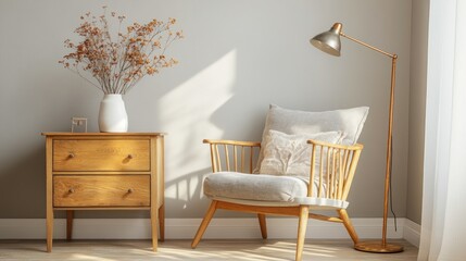 Cozy corner with natural wood furniture and dried flowers.