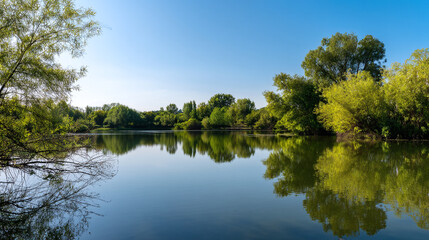 Serene lake landscape with reflections of green trees and blue sky peaceful nature scene for background use