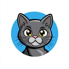 Obraz premium Cartoon illustration of a gray cat with yellow eyes in a circular frame on a blue background