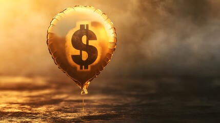 Golden balloon with a money symbol floating in a stormy ambiance, representing financial instability, risk, and uncertain investment.