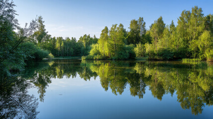 Beautiful lake landscape with reflections of trees and sky for travel and nature backgrounds and wallpapers