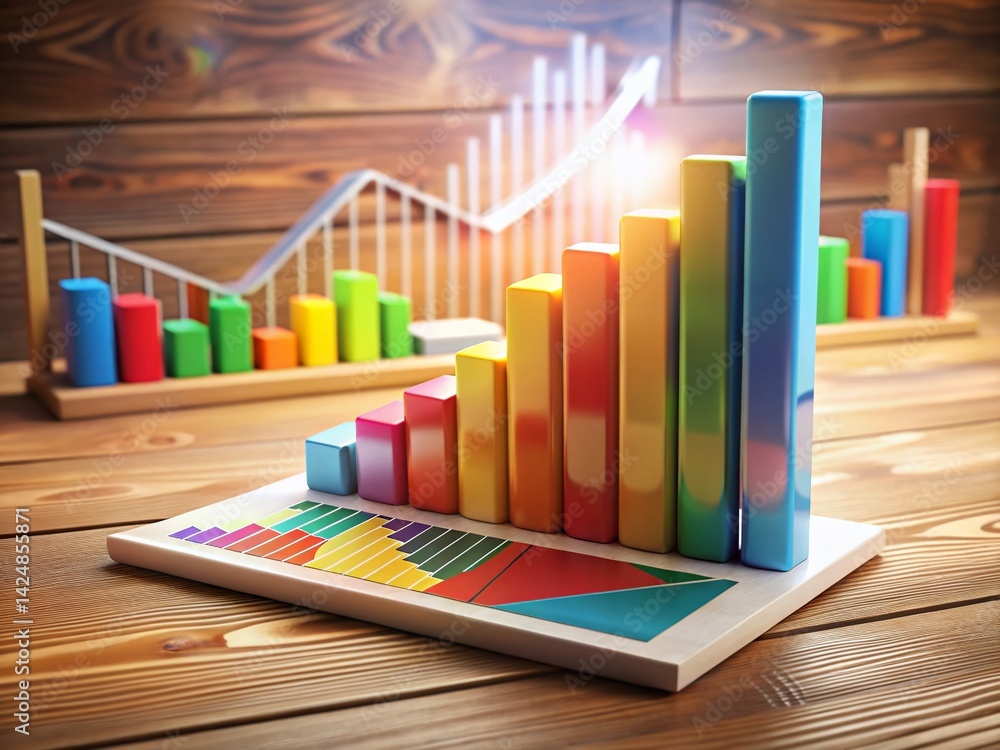 Poster colorful 3d bar graph showing upward trend on desk with charts & graphs