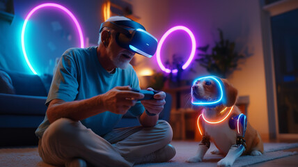 Elderly gamer playing VR with robotic pet reacting beside, colorful neon HUD in air, cozy futuristic home scene, creative lighting